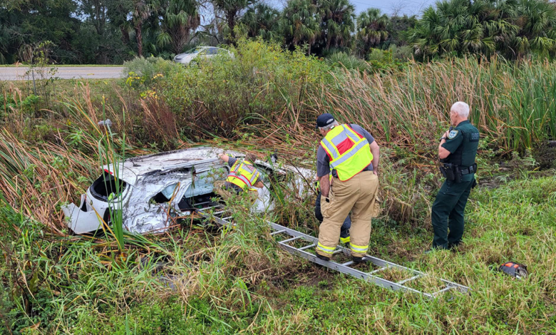 Florida deputies, firefighters form human chain to recover gifts after mother crashes car in watery ditch