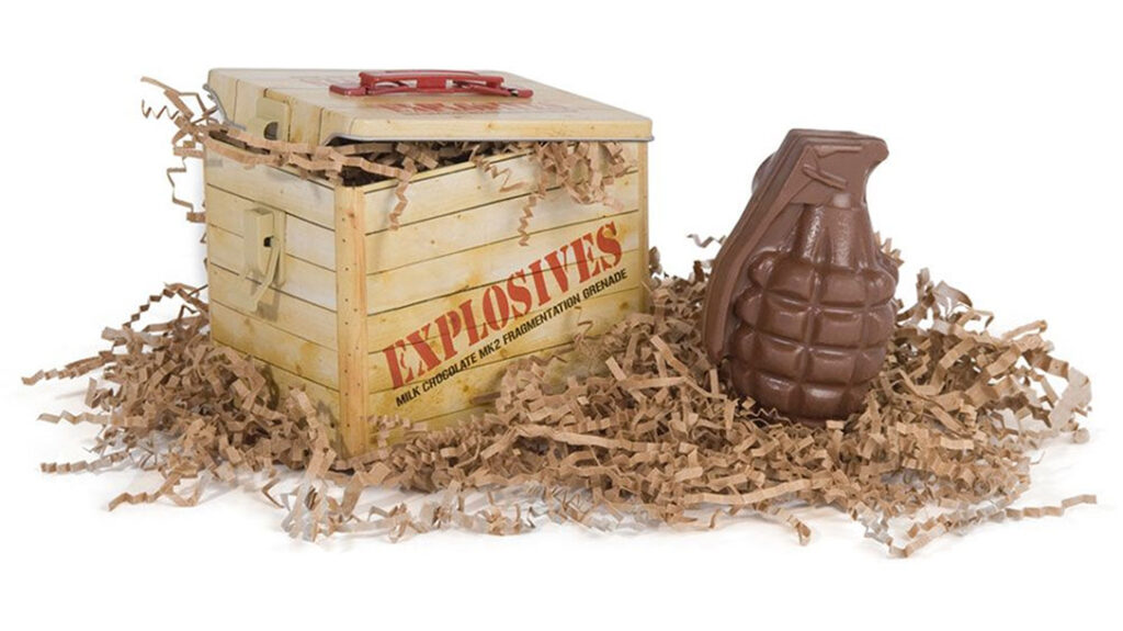 Valentine’s Day Gifts: Chocolate Ammo Chocolate Hand Grenade.