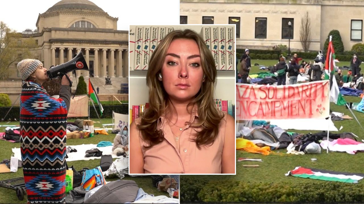 Woman looking at camera (center) Scenes from campus protests (background)