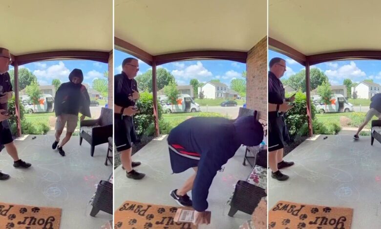 Porch pirate steals package in front of FedEx delivery driver in Ohio, video shows