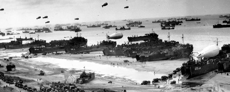 Allied LST landing ships unloading on the Normandy beaches
