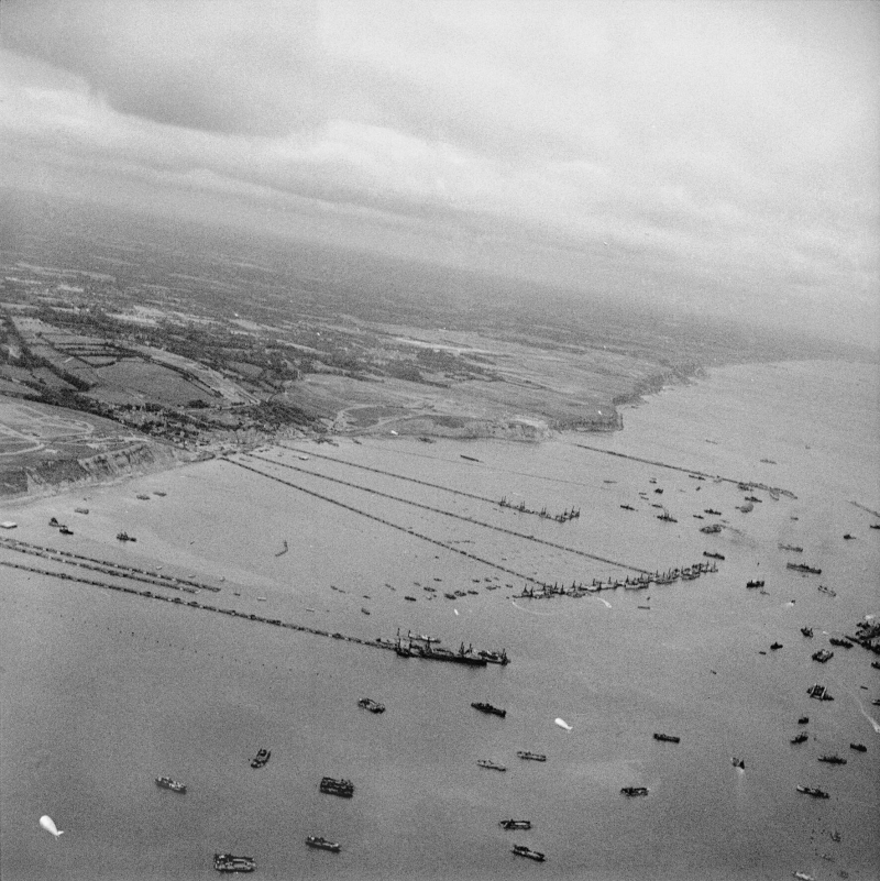 Aerial photo of Allied Mulberry harbor at Normandy