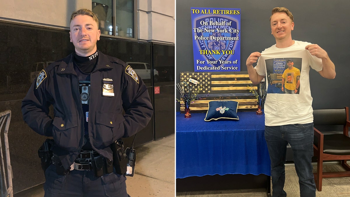Split image showing Taylor Marino in NYPD uniform and in casual clothes at his early retirement