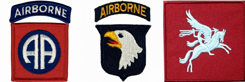 Unit patches of the American 82nd and 101st Airborne Divisions and the British 6th Airborne Division