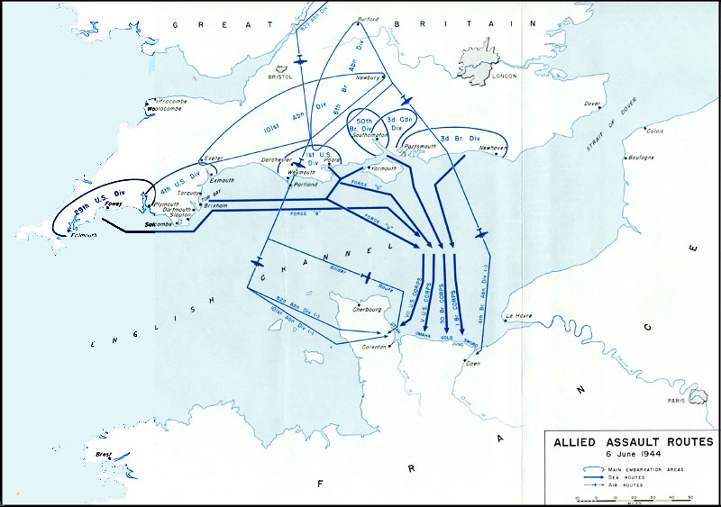 Map of Allied assault routes into Normandy
