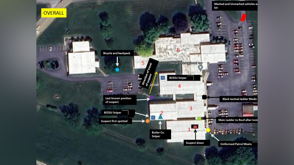 A map detailing the locations of interest pertaining to the investigation of Thomas Crooks' attempted assassination of former President Donald Trump