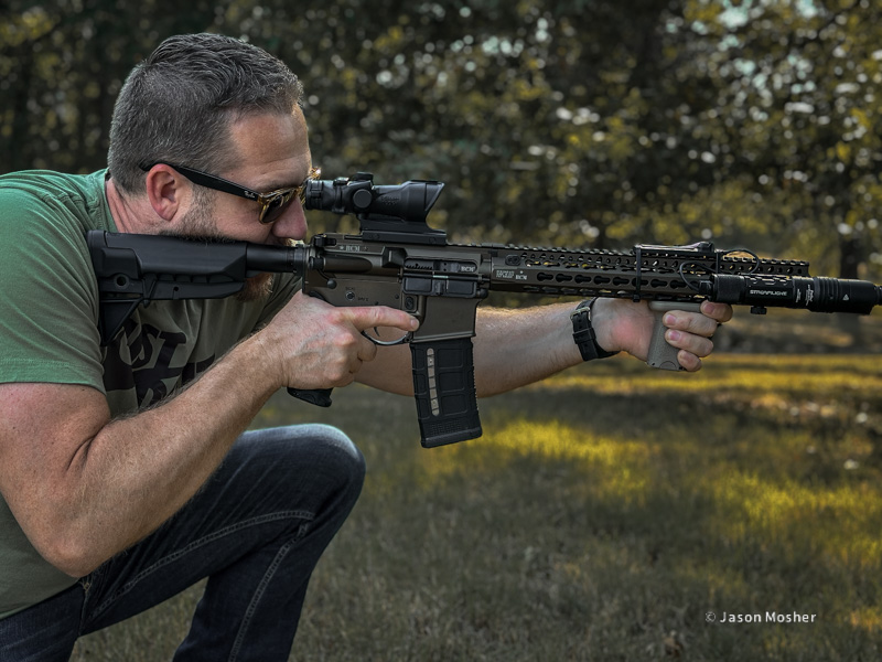 AR-15 grip using a short vertical foregrip.