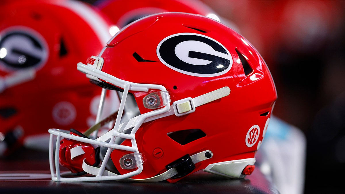 Georgia Bulldogs helmet sits on the bench