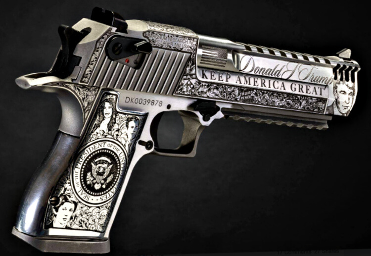 Gun News - In honor of the 45th US President, Donald Trump, the Presidential Desert Eagle features ornate portraits of the President, the First Family, and elegant scrollwork. Available exclusively through www.galleryofguns.com/