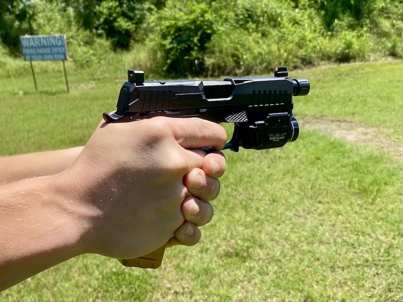 The +3 mag extension on a heavily modified P365. There's just enough length to keep the mag from hanging up on your shooting hand.