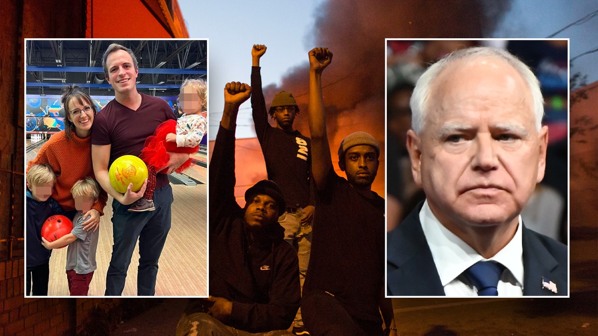 A photo collage showing Max Rymer's family, 2020 Minneapolis riots and Gov. Tim Walz