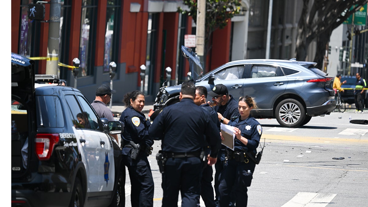 A crime scene on 16th Street and Potrero Ave. in San Francisco on May 23 after a deadly incident occurred at a bus stop. An allegedly stolen truck slammed into pedestrians during in a police chase, leaving four injured and one dead.