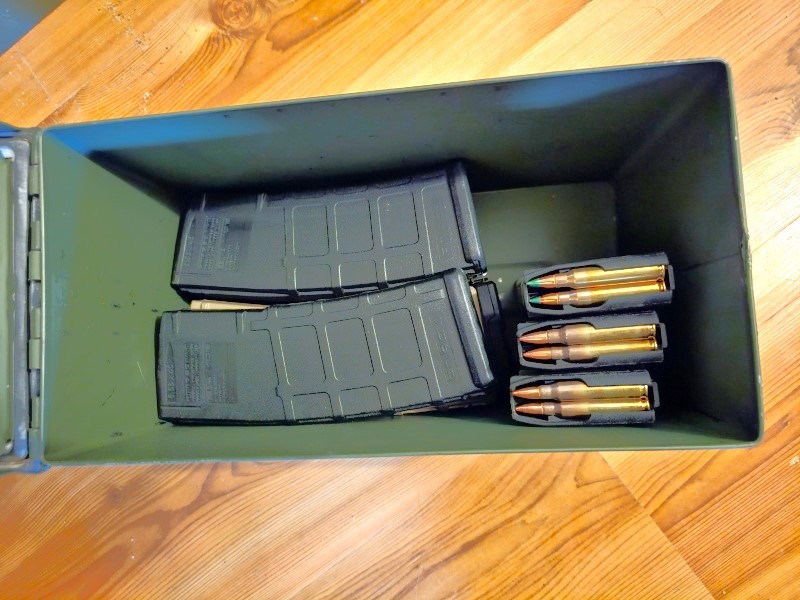 Magazines in a military ammo can.