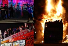 Dodgers celebrations erupt into chaos as ‘hostile’ crowd hurls projectiles at officers, sets city bus ablaze