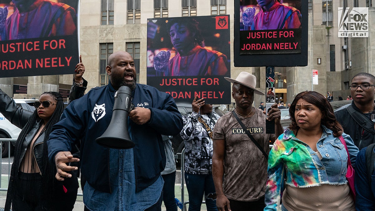 Protestors gather calling for Justice for Jordan Neely outside of the trial of Daniel Penny at Manhattan Supreme Court