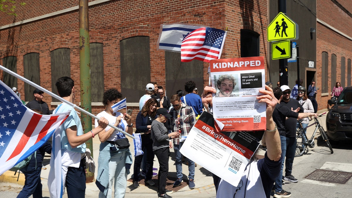 Pro-Israel protesters gather at the University of DePaul Lincoln Park campus in Chicago on May 5, 2024.