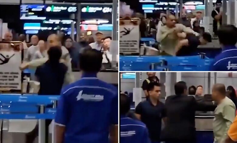 Enraged passenger unloads flurry of punches on airport worker, wild video shows