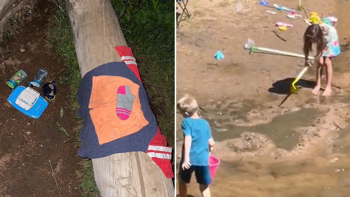 children digging holes in ground next to photo of clothing, trash left on property