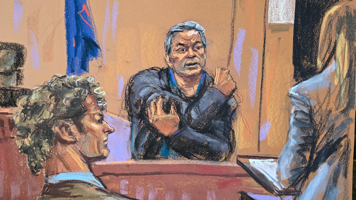 A court sketch depicts the second day of testimony in Daniel Penny’s trial at Manhattan Supreme Court