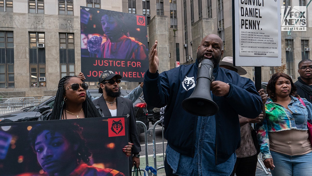 Protestors gather calling for Justice for Jordan Neely outside of the trial of Daniel Penny at Manhattan Supreme Court