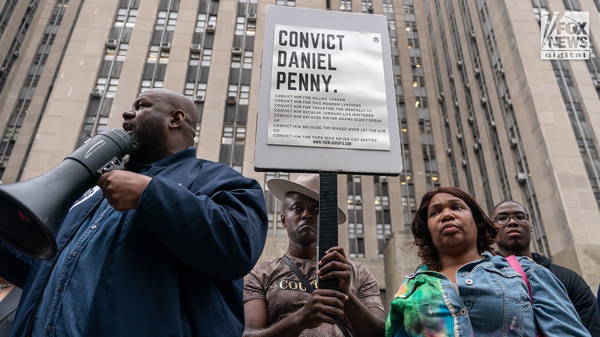 Protestors gather calling for Justice for Jordan Neely outside of the trial of Daniel Penny at Manhattan Supreme Court