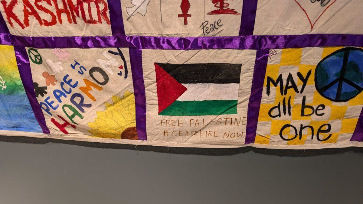 United Nations artwork with Palestinian flag