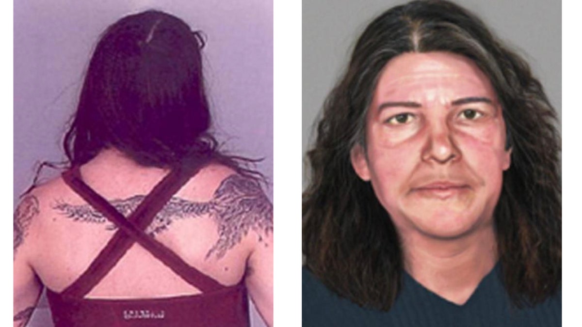 Split image showing Overaker's large bird back tattoo and an age-progressed sketch of what she may look like