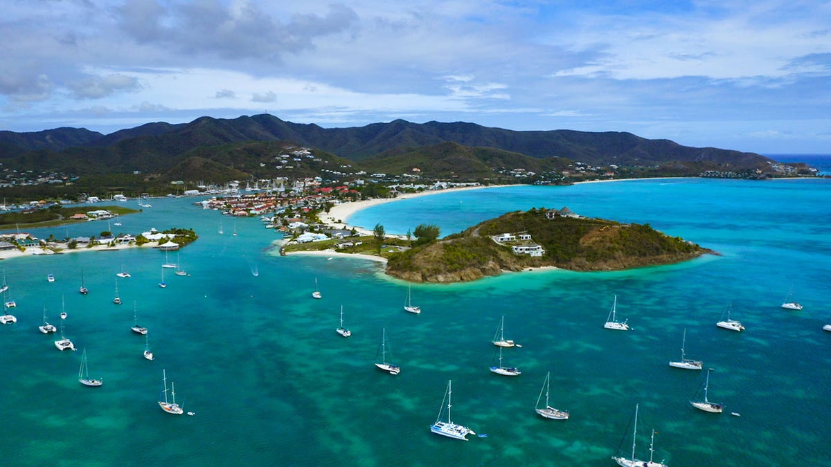 Aerial view of Jolly Harbour Beach, Antigua