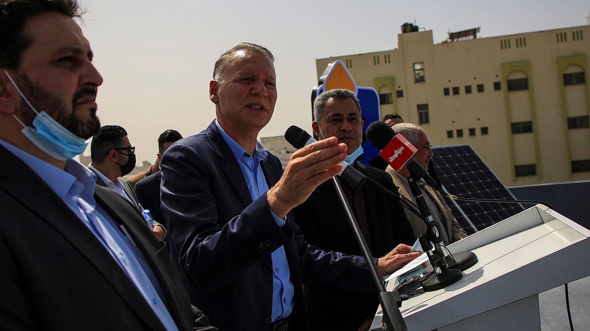 Bashar al-Masri speaks during the launch ceremony of a large solar energy project in eastern Gaza City