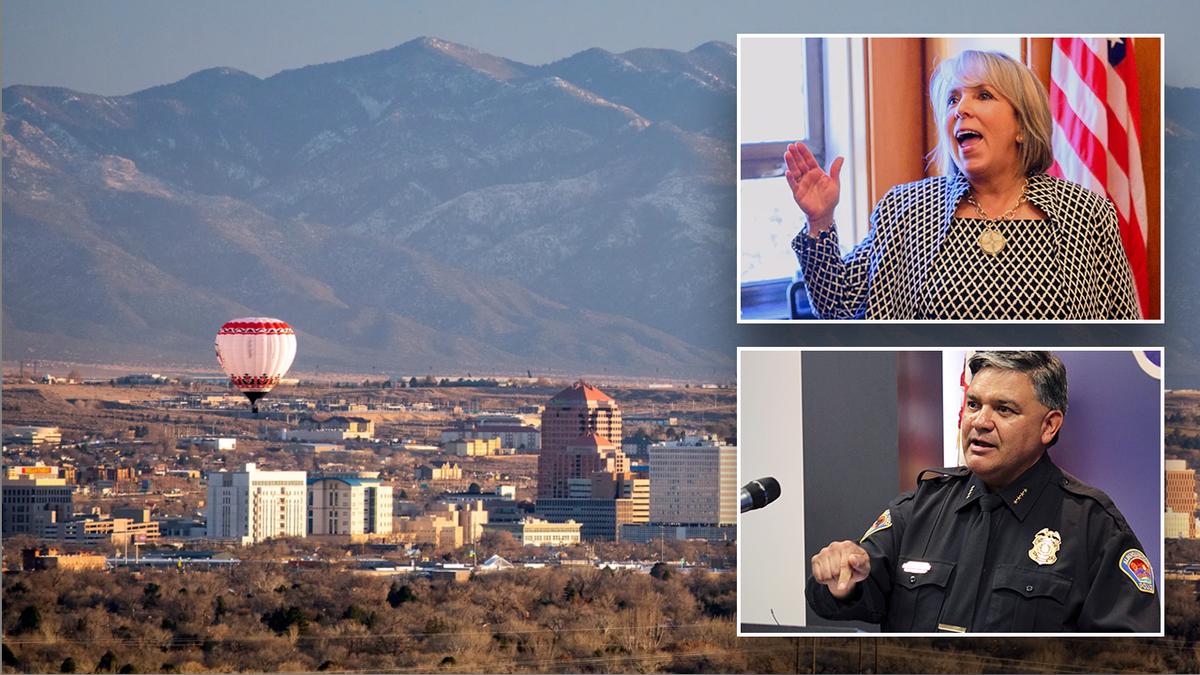 Albuquerque Police Chief Harold Medina (B) and New Mexico Governor Michelle Lujan Grisham (T).