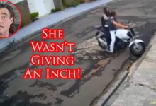 Female Defender Eats Moto Jacker's Lunch
