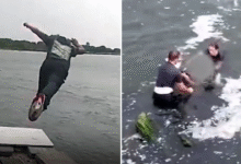 Female police officer leaps into water, fights career criminal before making arrest, video shows