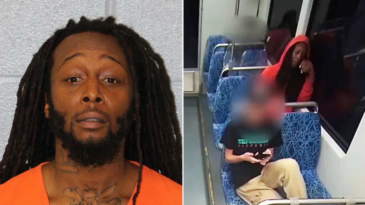 split image showing Decarlos Brown mugshot and surveillance footage from light rail