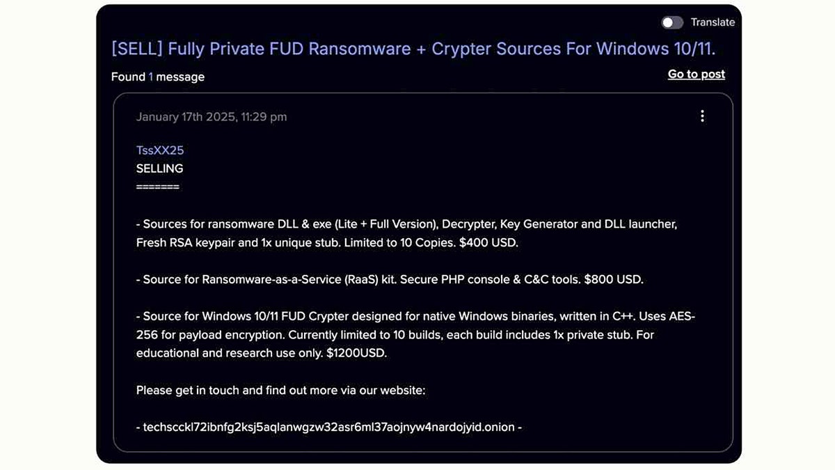 A dark web page selling ransomware services