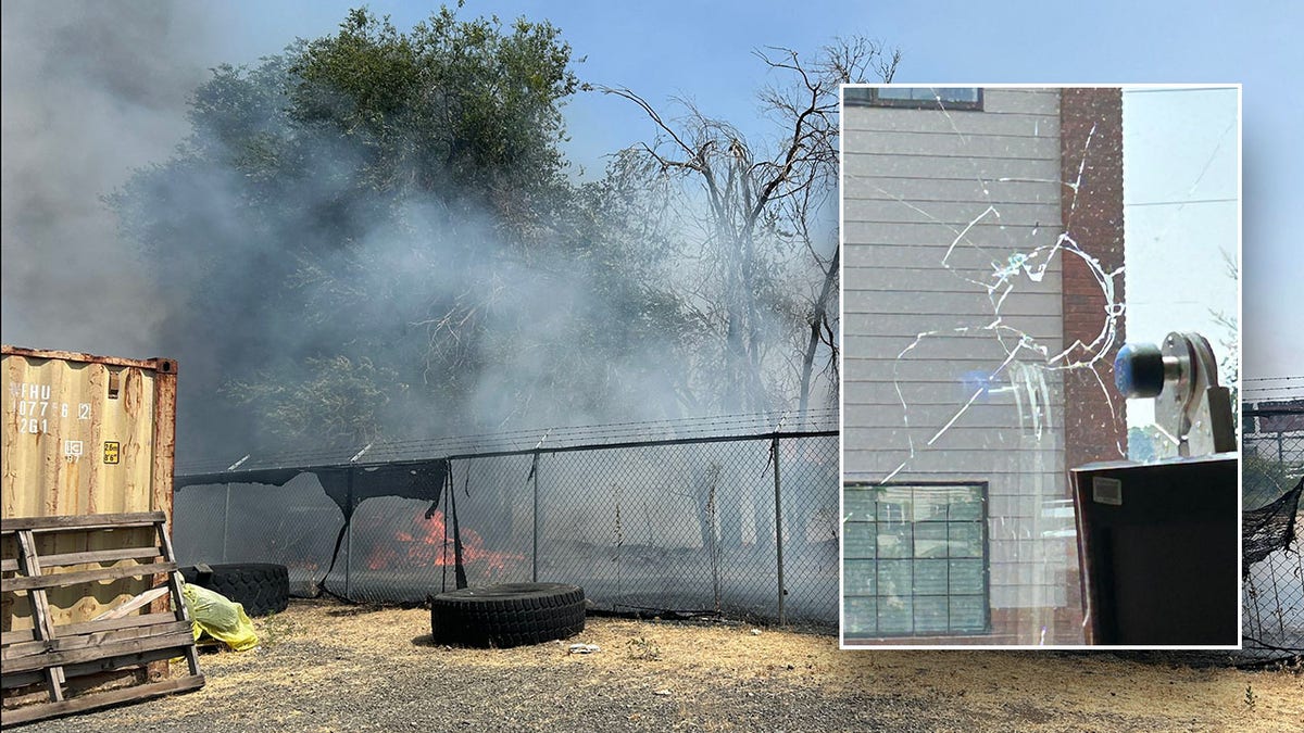 Images of a fire and a broken window at an ICE building in Washington
