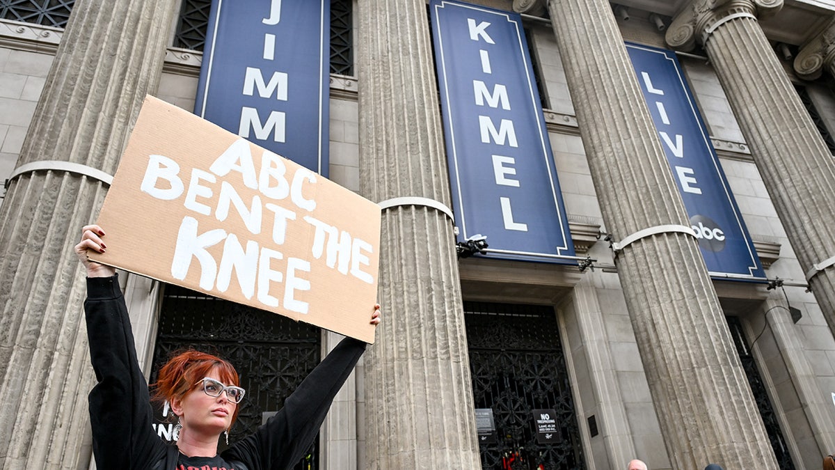 protester in front of Jimmy Kimmel Live! building in Hollywood