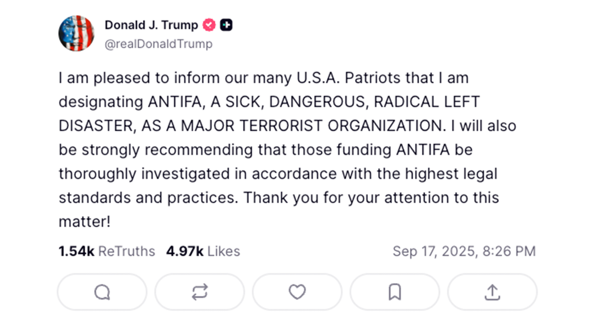 President Donald Trump announced Antifa would be designated as a terrorist organization on Wednesday via Truth Social.