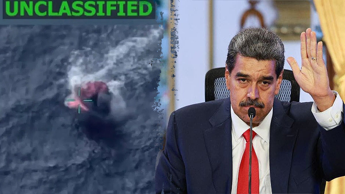 a split image of U.S. strike on boat near Venezuela and Nicolas Maduro.
