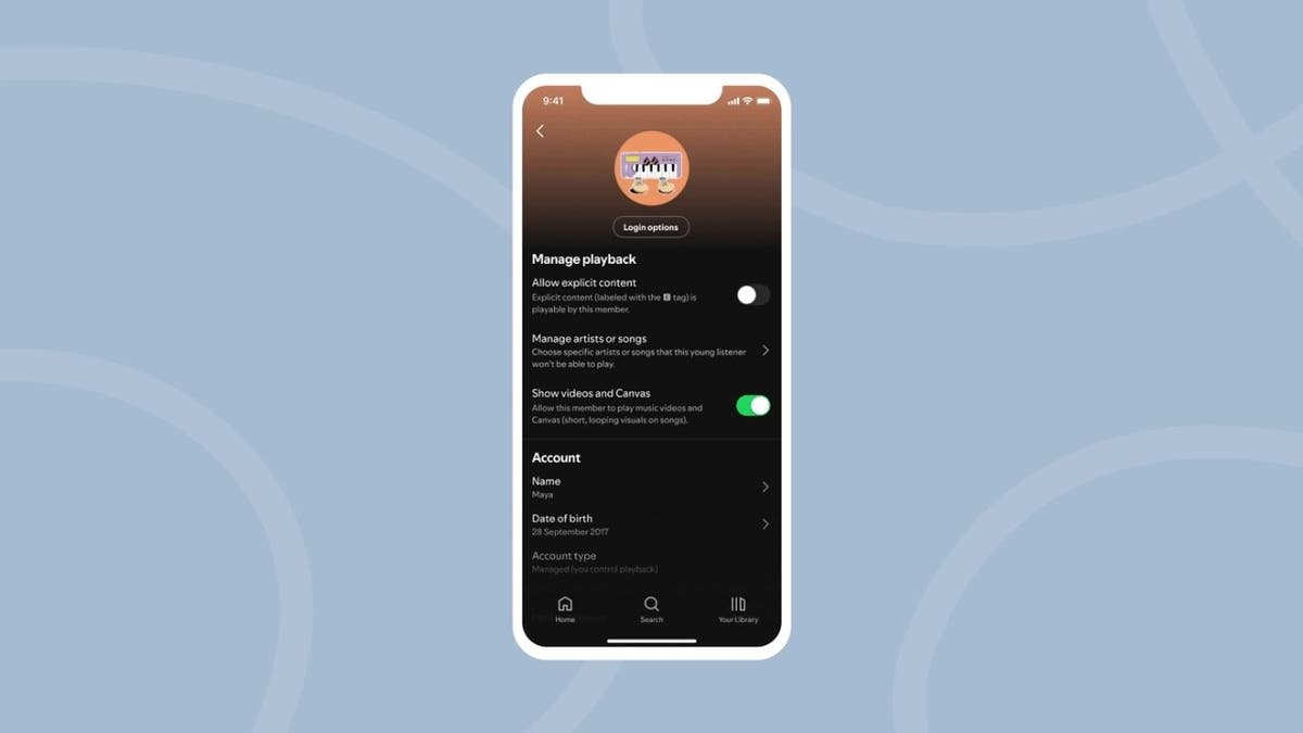 Spotify parental controls screen shows playback settings for a child’s account named Maya.