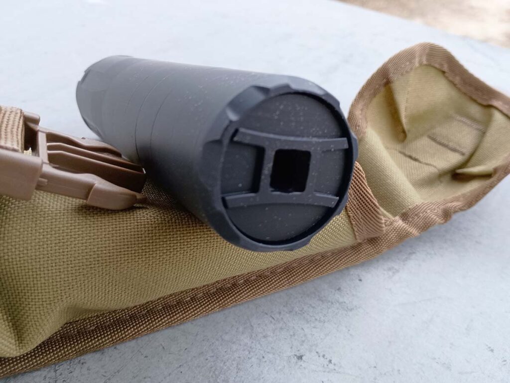 Interestingly, the endcap of the suppressor works as a flash hider, minimizing muzzle flash.