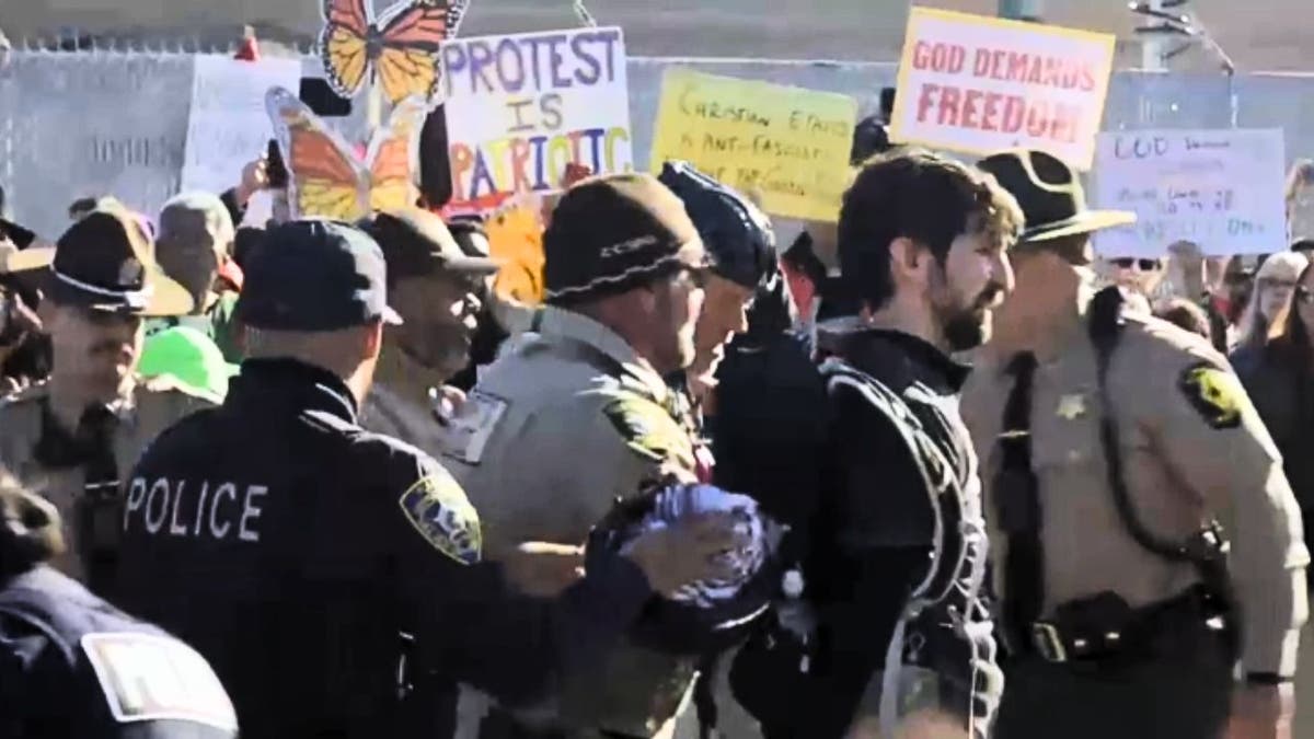 Police detain a protester during an anti-ICE rally outside the Broadview facility in Illinois, surrounded by demonstrators holding butterfly-shaped and slogan sign