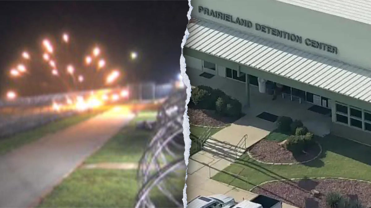 The Prairieland Detention Center in Alvarado, Texas and fireworks being set off at the facility during an attack. 