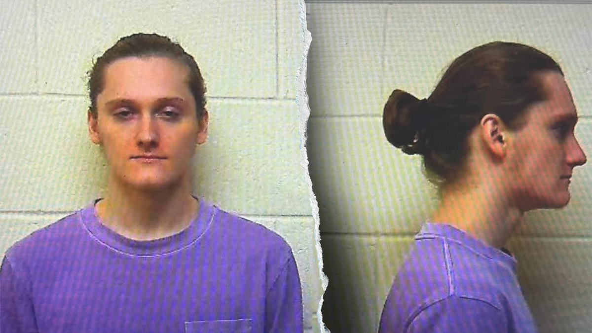 North Carolina Fugitive Dominic Connelly wearing a purple shirt and a manbun in a pair of mugshot photos, showing his portrait and profile
