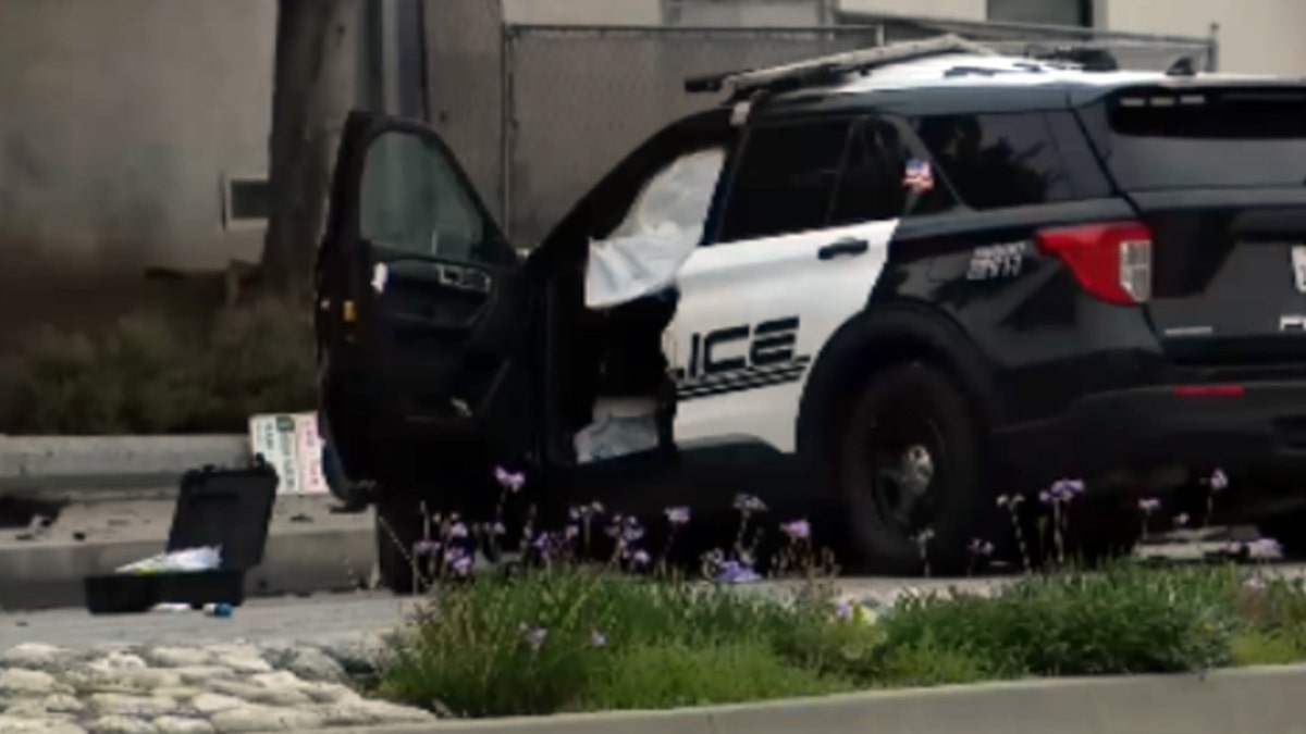 Damaged patrol vehicle belonging to Alhambra Officer Alec Sanders