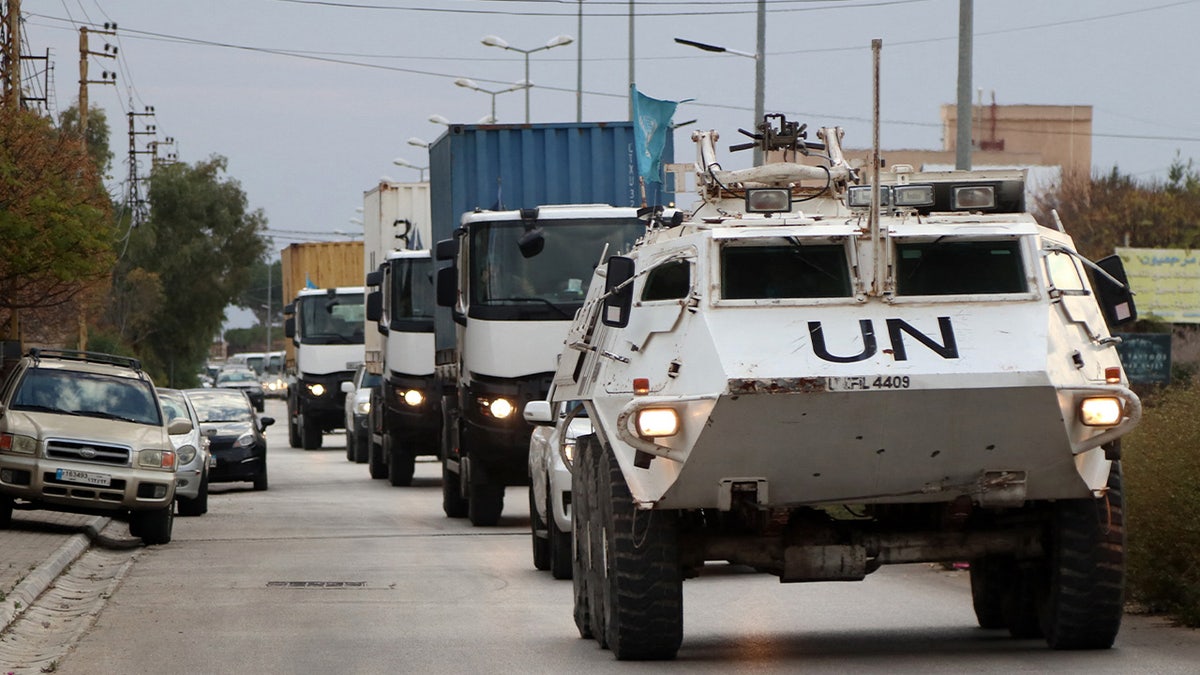 A convoy of United Nations Interim Force In Lebanon (UNIFIL) vehicles drive through the area of Marjayoun in southern Lebanon on December 4, 2024, during a ceasefire between Israel and Hezbollah.
