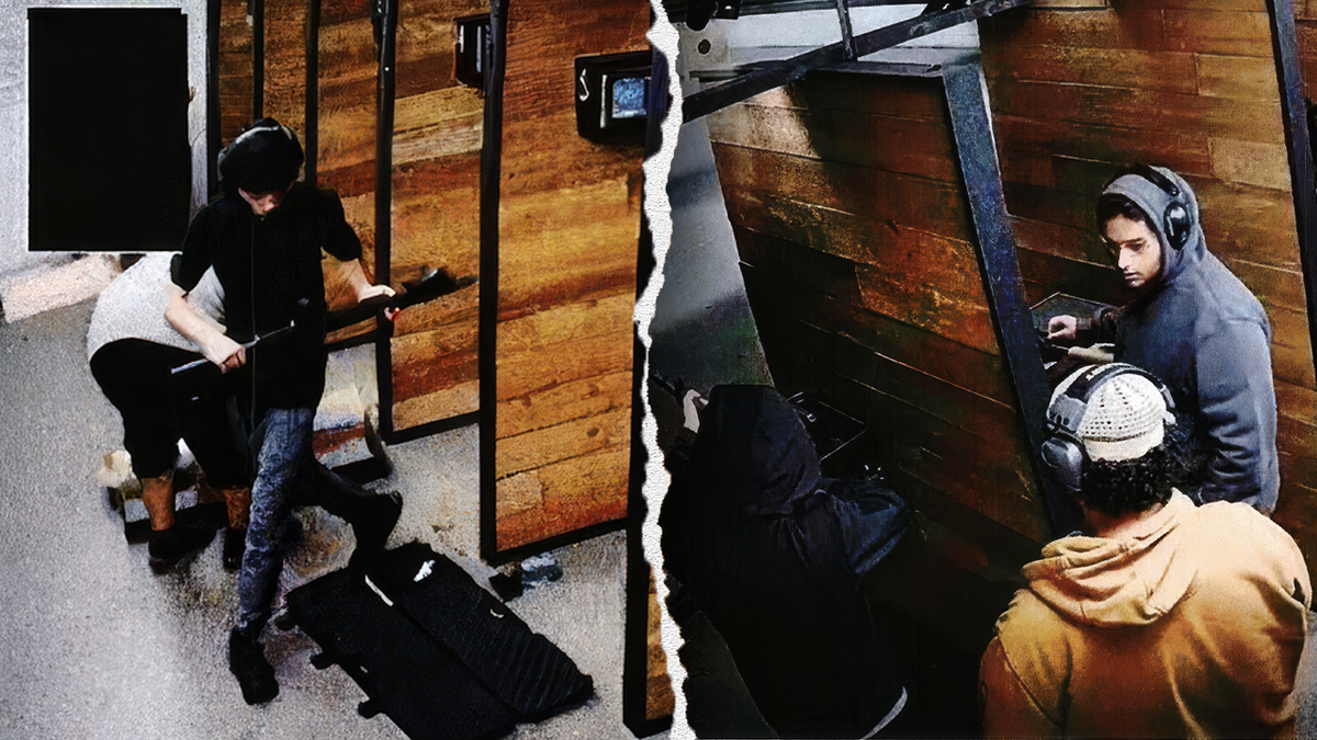 A split image showing surveillance images from a shooting range that depict three of the Michigan terror plot suspects practicing