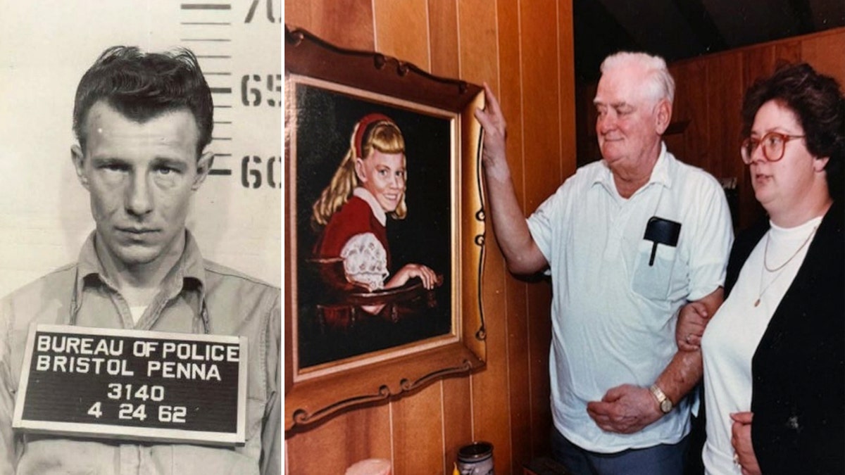 Mugshot of William Schrader and family of 9-year-old Carol Ann Dougherty looking at her photo