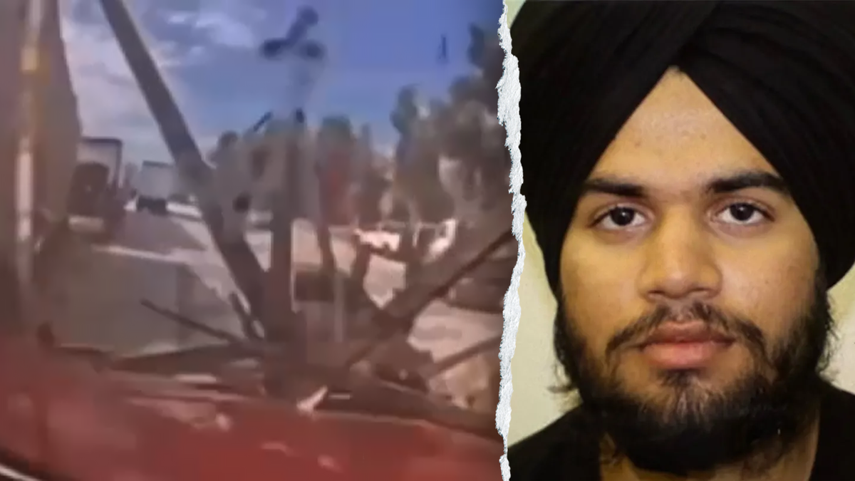 A split image showing a fiery truck crash and the suspected driver, Jashanpreet Singh.