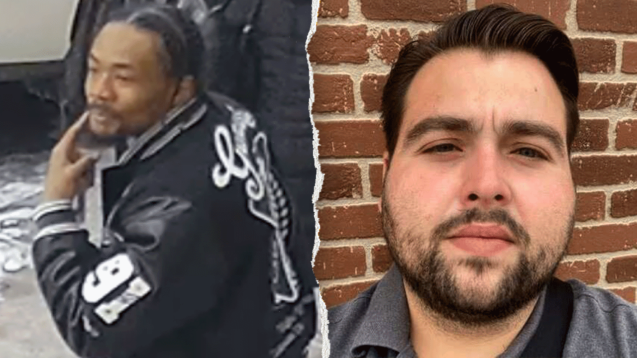 Split image of a man pointing a finger to his face (left) and a selfie of another man on the right.