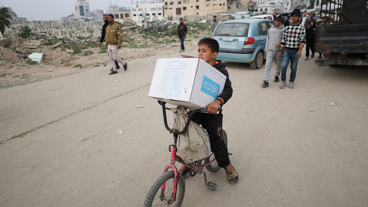 A Palestinian boy carries an aid box provided by UNRWA, amid a ceasefire between Hamas and Israel, in Gaza City, February 3, 2025.